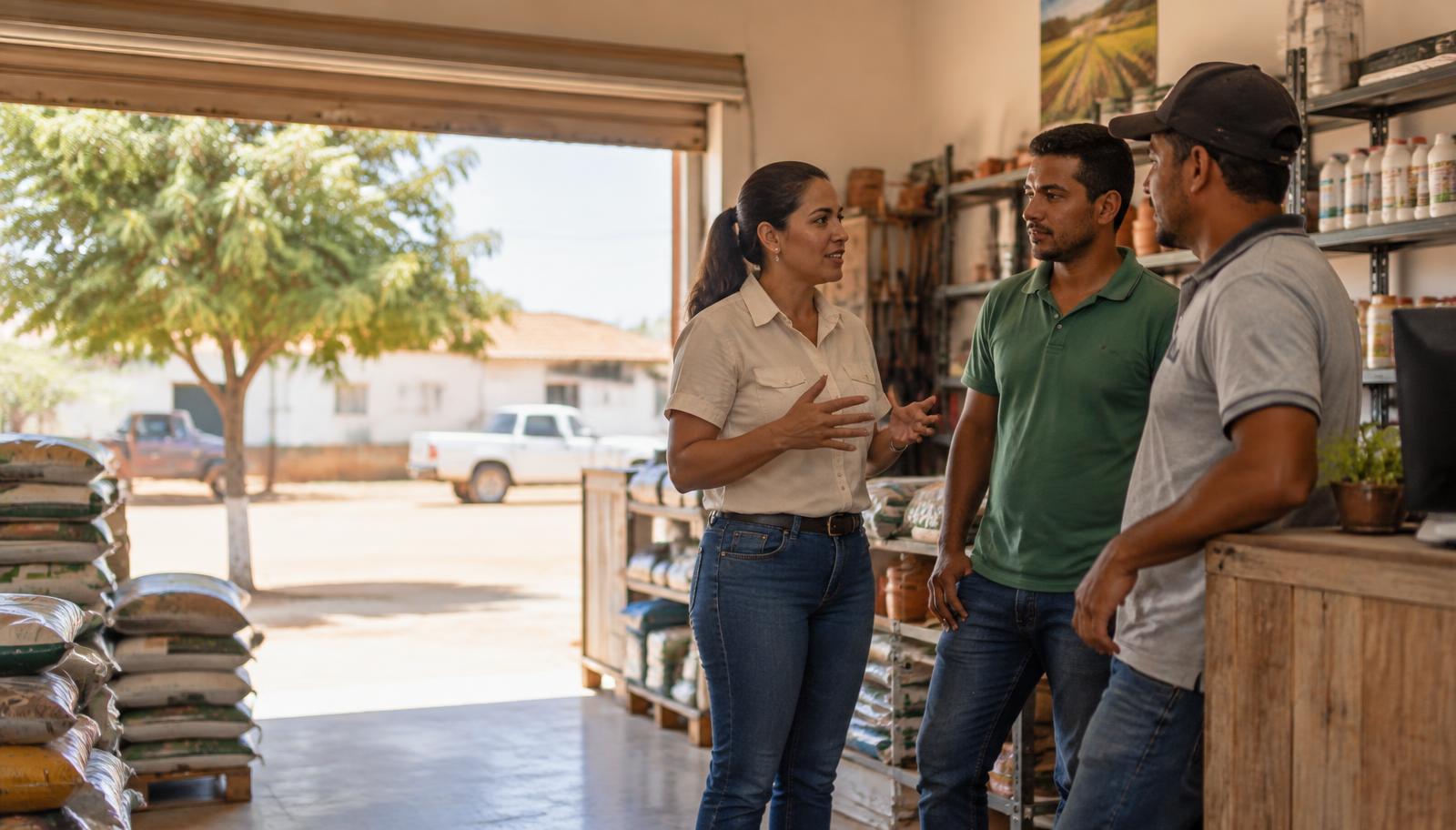 Gestora conversando com colaboradores em uma pequena empresa brasileira
